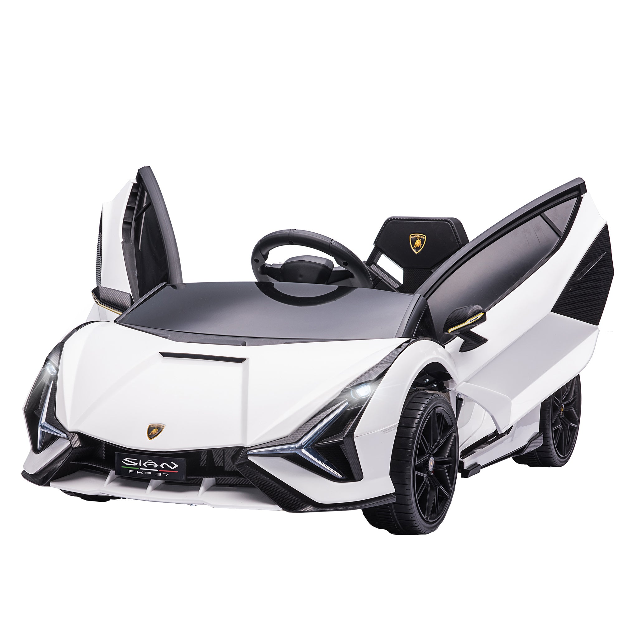 Carro Elétrico Lamborghini SIAN 12V com Controle Remoto Abertura da Porta Música MP3 USB e Faróis 108x62x40 cm Branco
