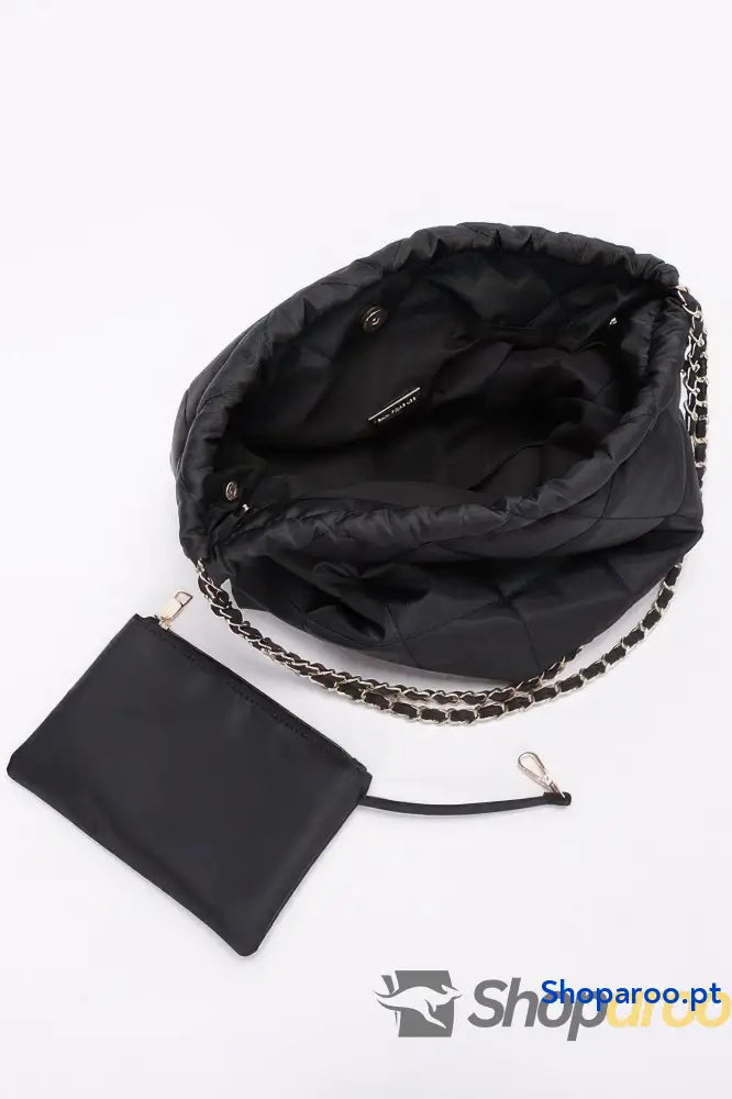 Bolsa de ombro com corrente em metal e nylon almofadado