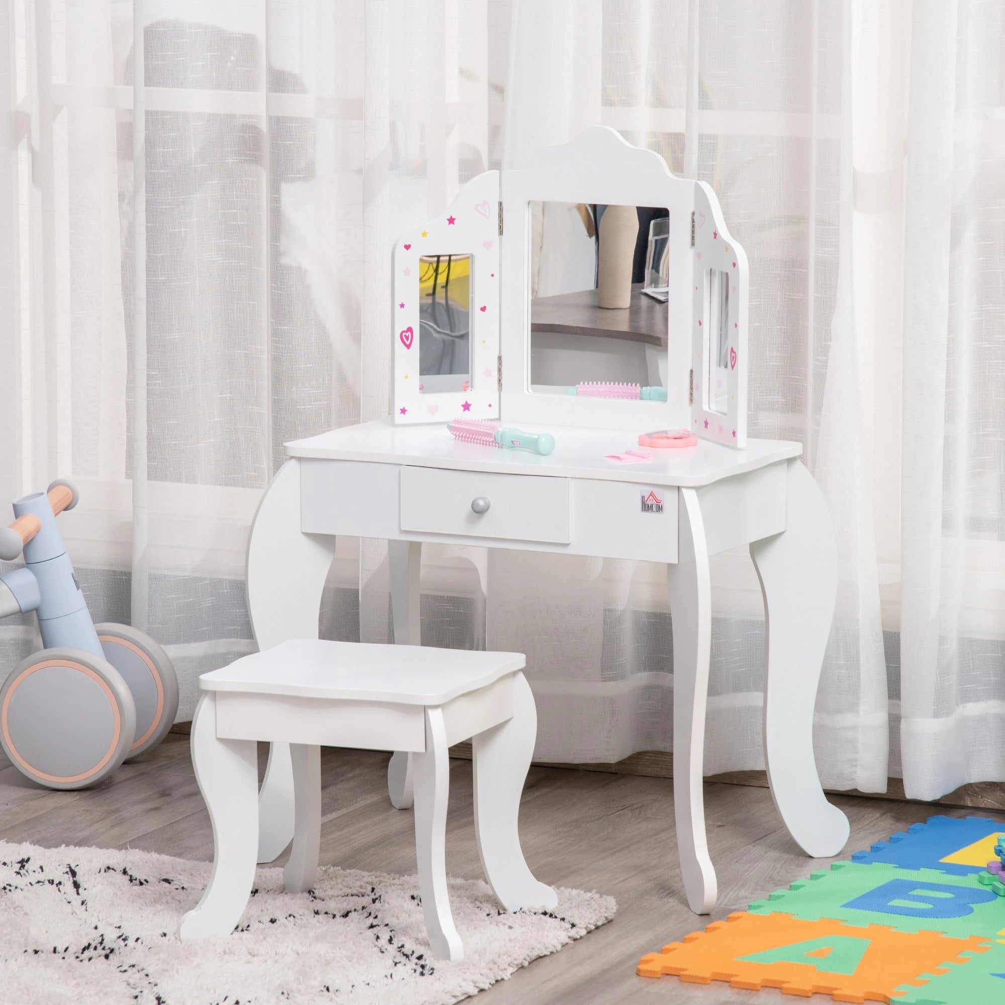 Toucador Infantil de Madeira com Banco e Espelho de Acrílico de 2 Sessões Mesa de Maquilhagem Infantil com Gaveta para Dormitório Sala de Jogos 63x40x85,5cm Branco