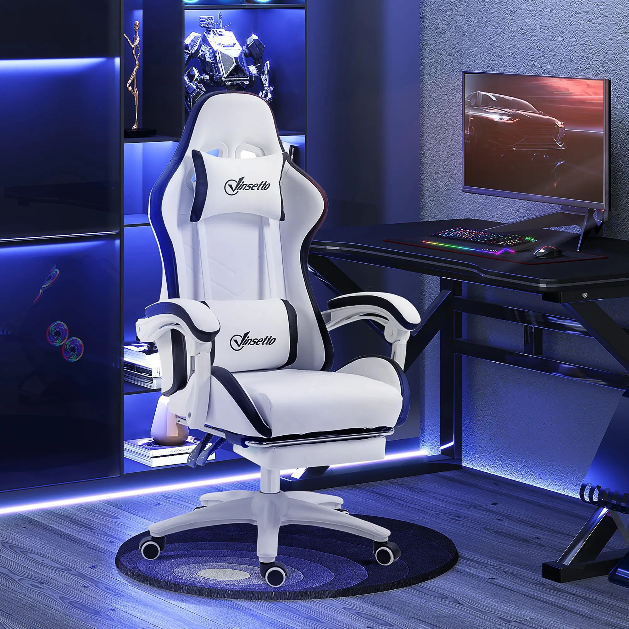 Cadeira Gaming de Couro PU com Altura Ajustável Reclinável 135° e Apoio para os Pés Retrátil 65x65x121-129 cm Branco e Preto