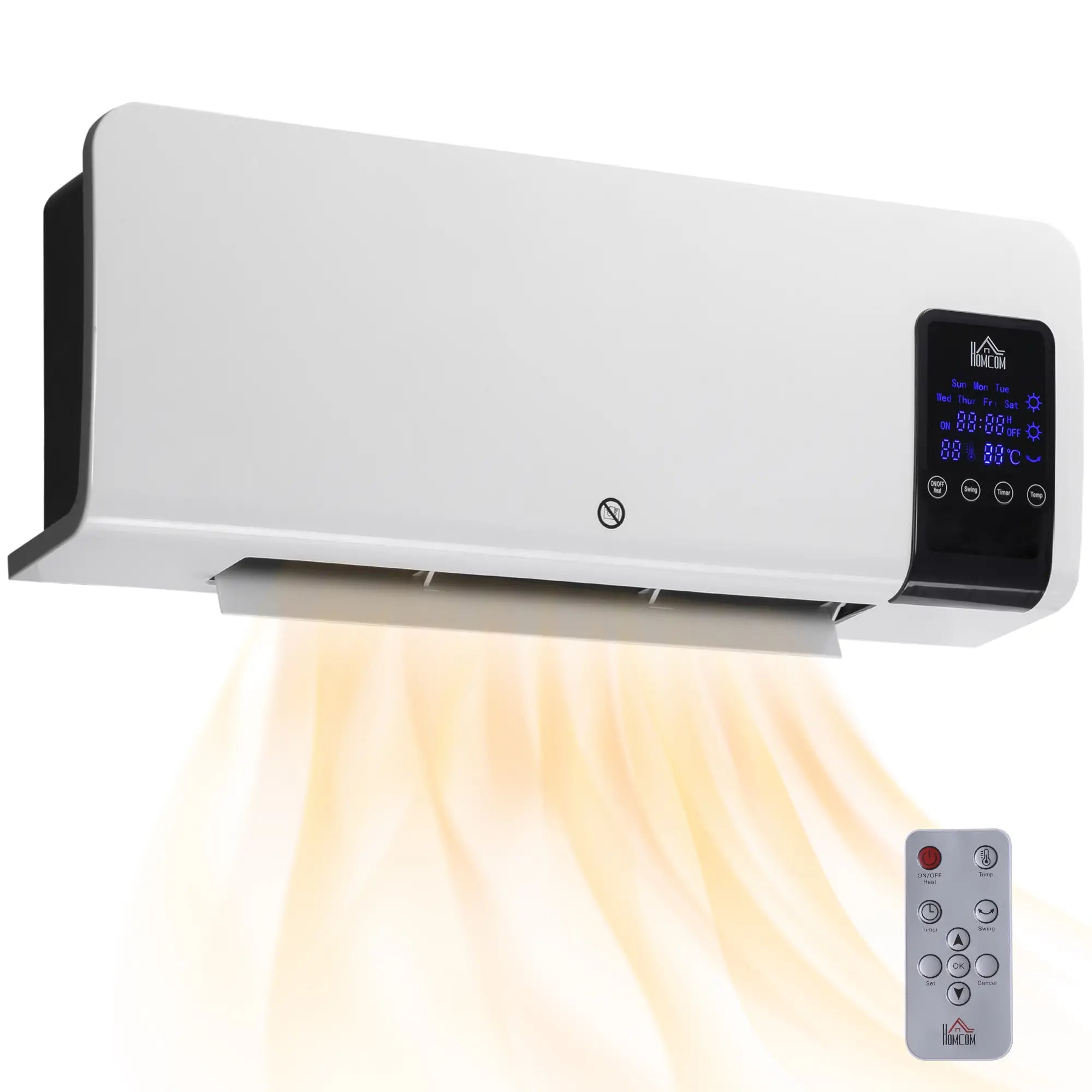 Aquecedor Elétrico de Parede 1000W/2000W Aquecedor com Ecrã LED Controlo Remoto Termostato Temporizador 54,5x12x21,5cm Branco