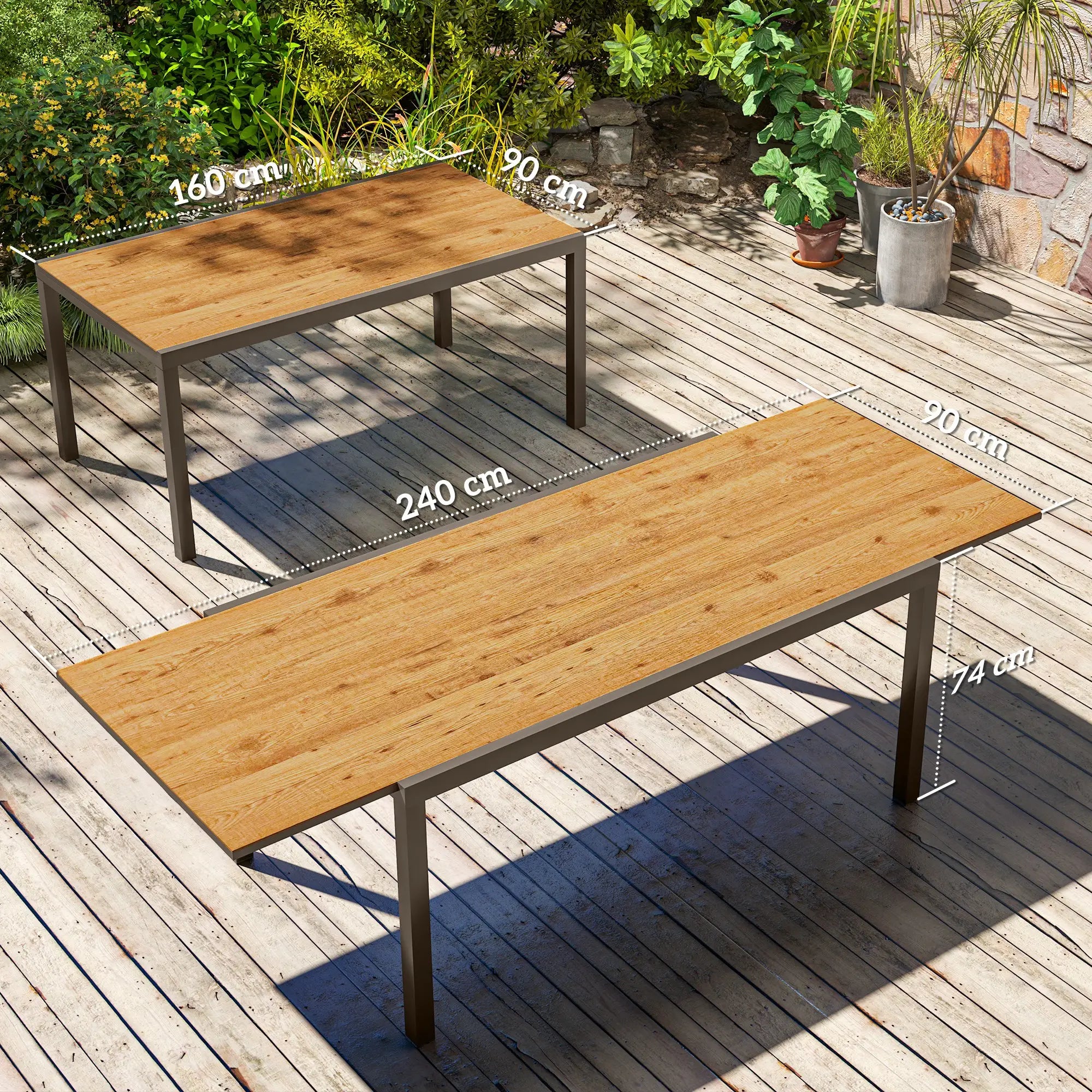 Mesa de Refeição Extensível Mesa de Jardim Ajustável com Bordo de Alumínio para 6-8 Pessoas 160/240x90x74 cm Marrom