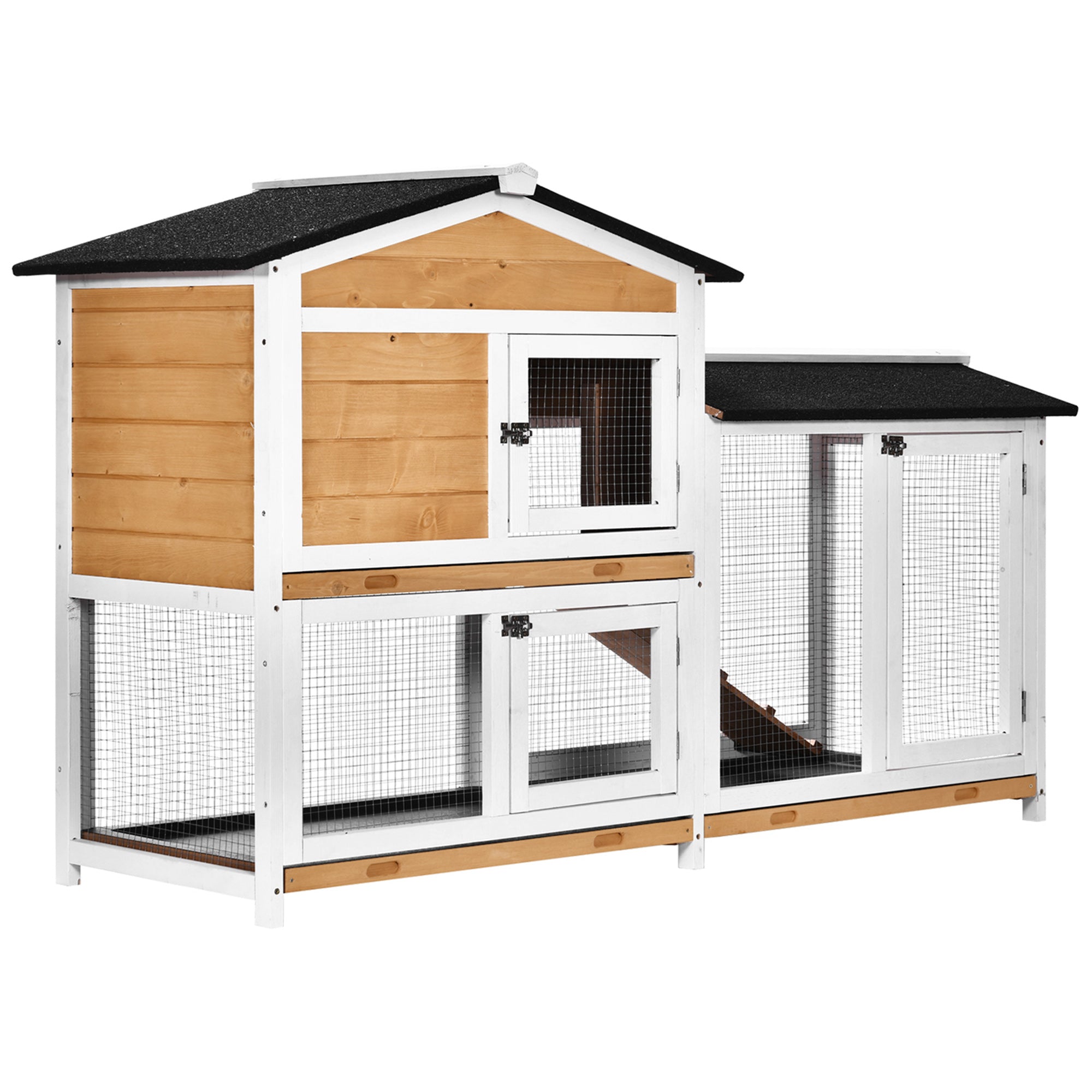 Coelheira de Madeira Exterior Gaiola para Coelhos de 2 Níveis com Teto Asfáltico 2 Cercados de Metal Bandeja Removível 3 Portas e Rampa 157,4x53x93,5cm Natural
