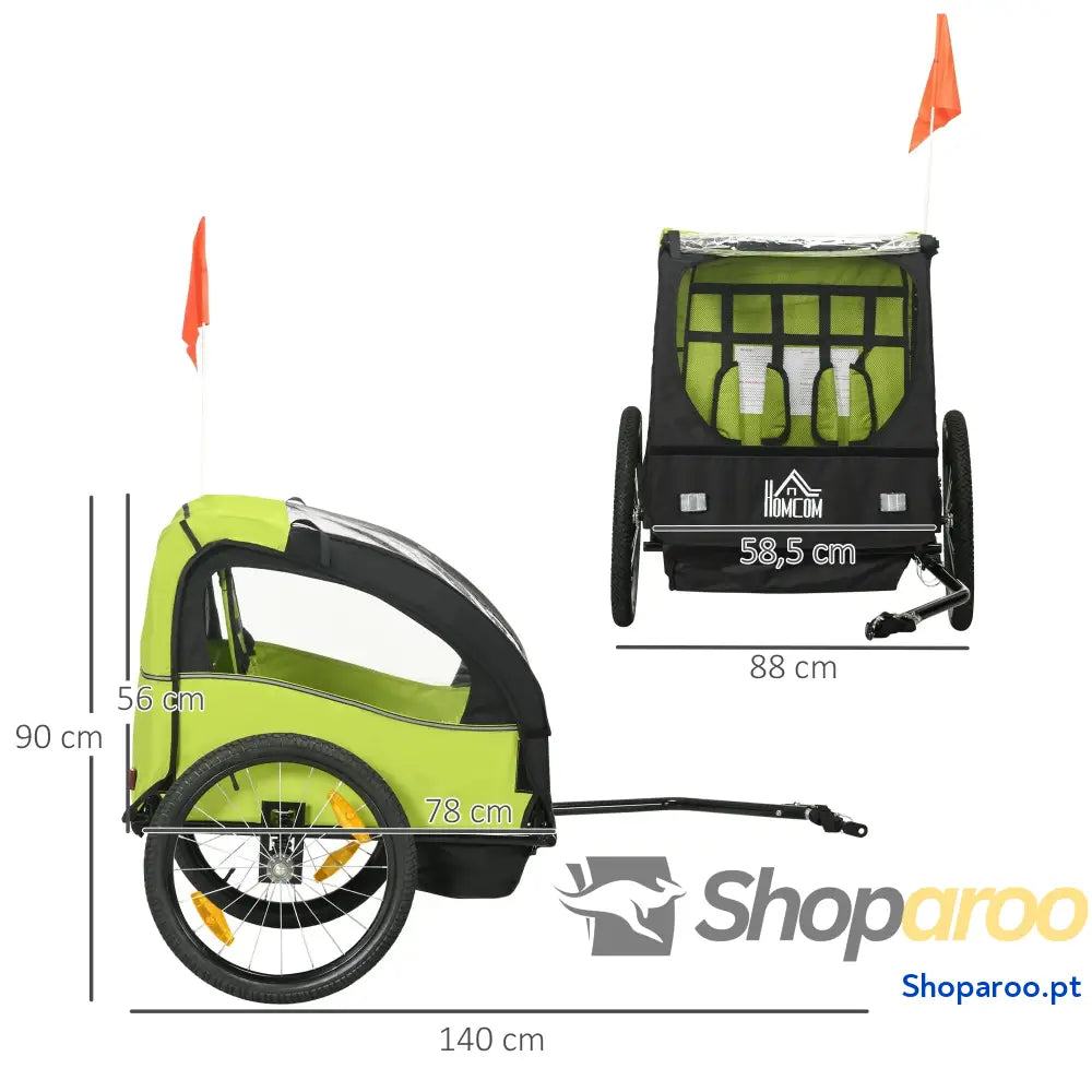 Reboque de bicicleta para crianças com assento duplo e cinto segurança