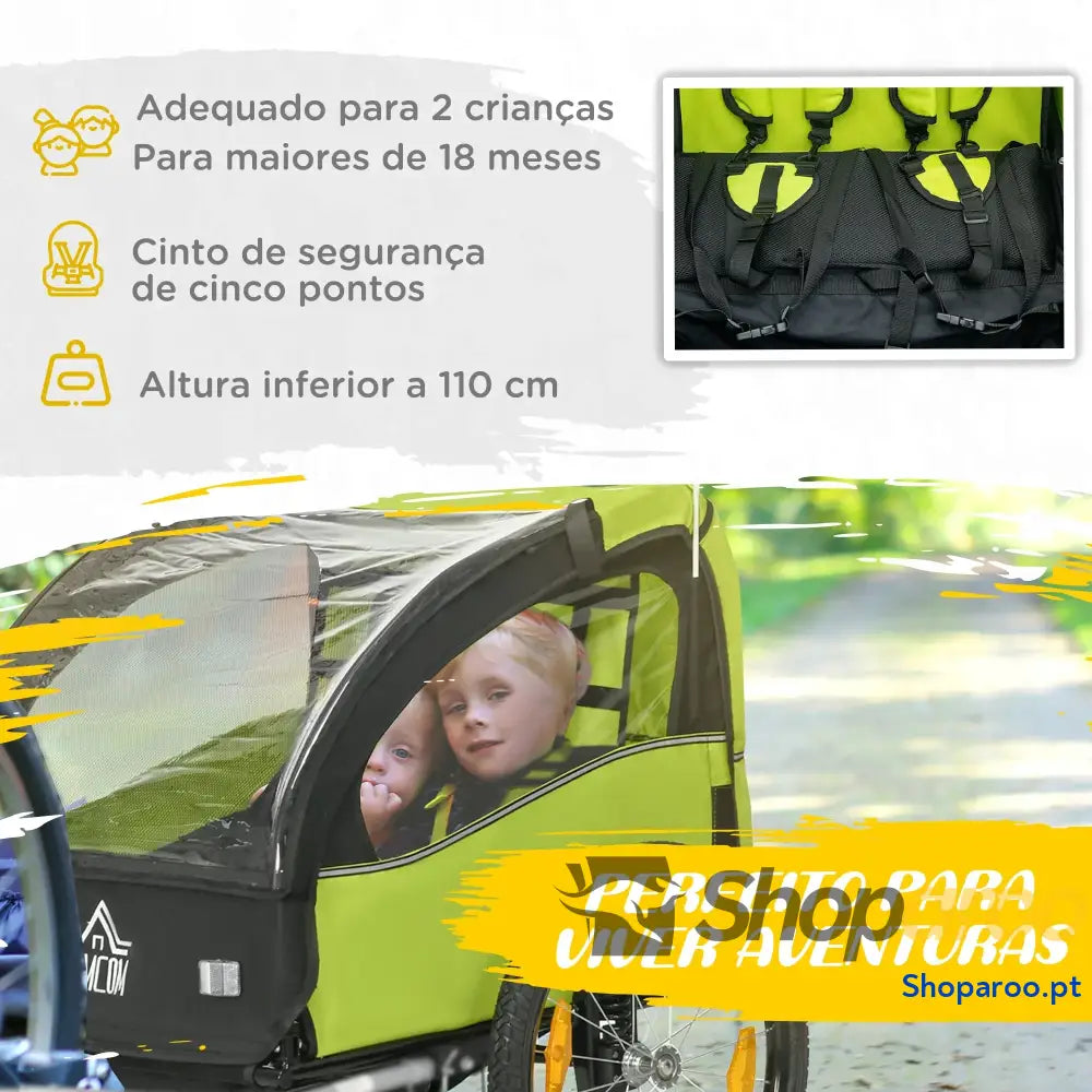 Reboque de bicicleta para crianças com assento duplo e cinto segurança