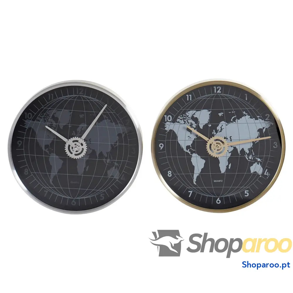 Relógio de Parede DKD Home Decor Preto Dourado Prateado Alumínio Cristal Mapa do Mundo 30 x 4,3 cm (2 Unidades)