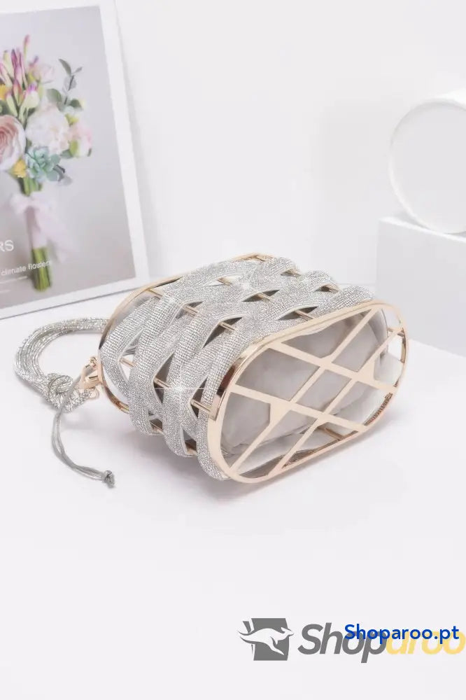Bolsa balde de metal entrançado com strass