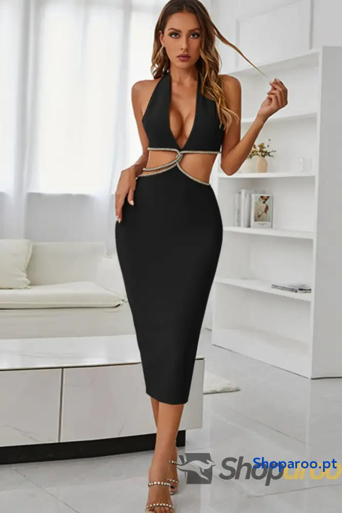 Rhinestone Halter Neck Cutout Slit Midi Dress