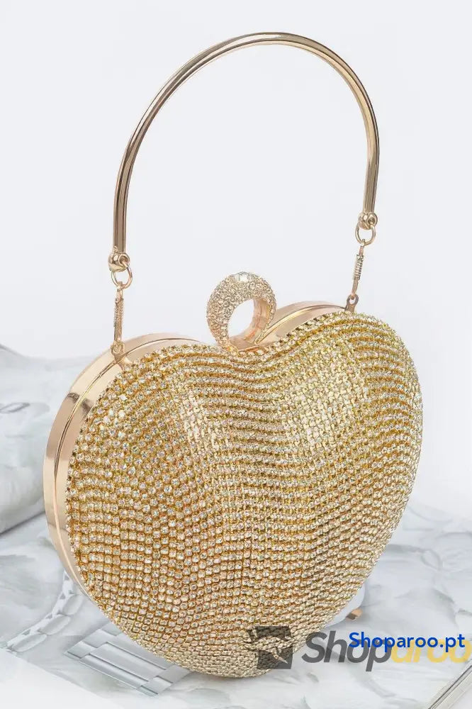 Clutch dourada em forma de coração com strass para festas elegantes