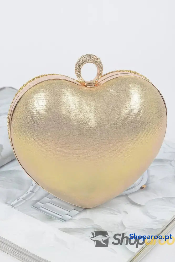 Clutch dourada em forma de coração com strass para festas elegantes