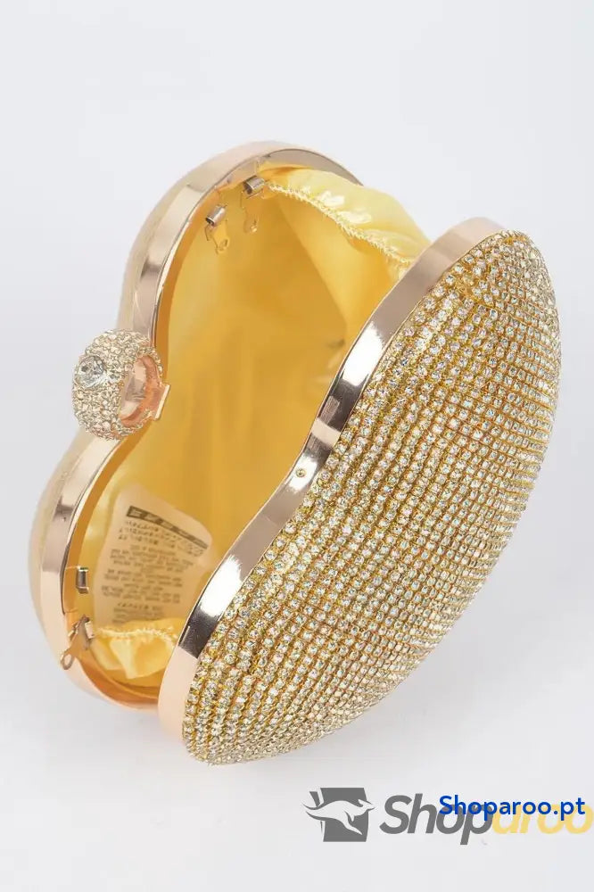 Clutch dourada em forma de coração com strass para festas elegantes