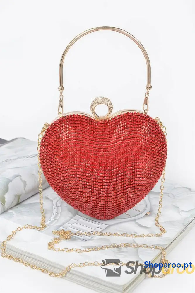 Clutch dourada em forma de coração com strass para festas elegantes