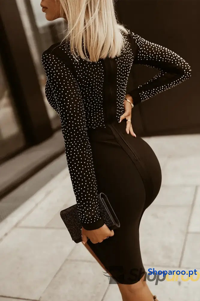Rhinestone Mock Neck Long Sleeve Dress