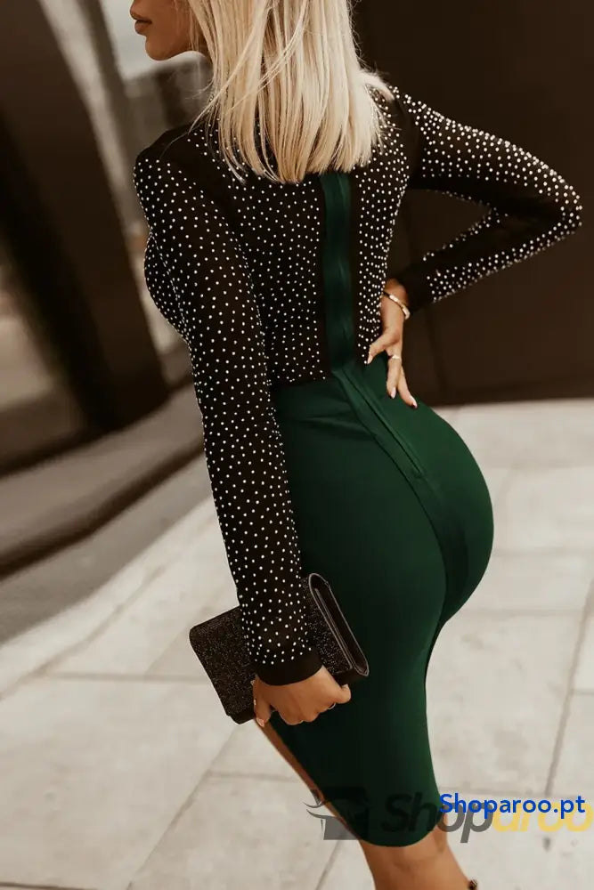 Rhinestone Mock Neck Long Sleeve Dress