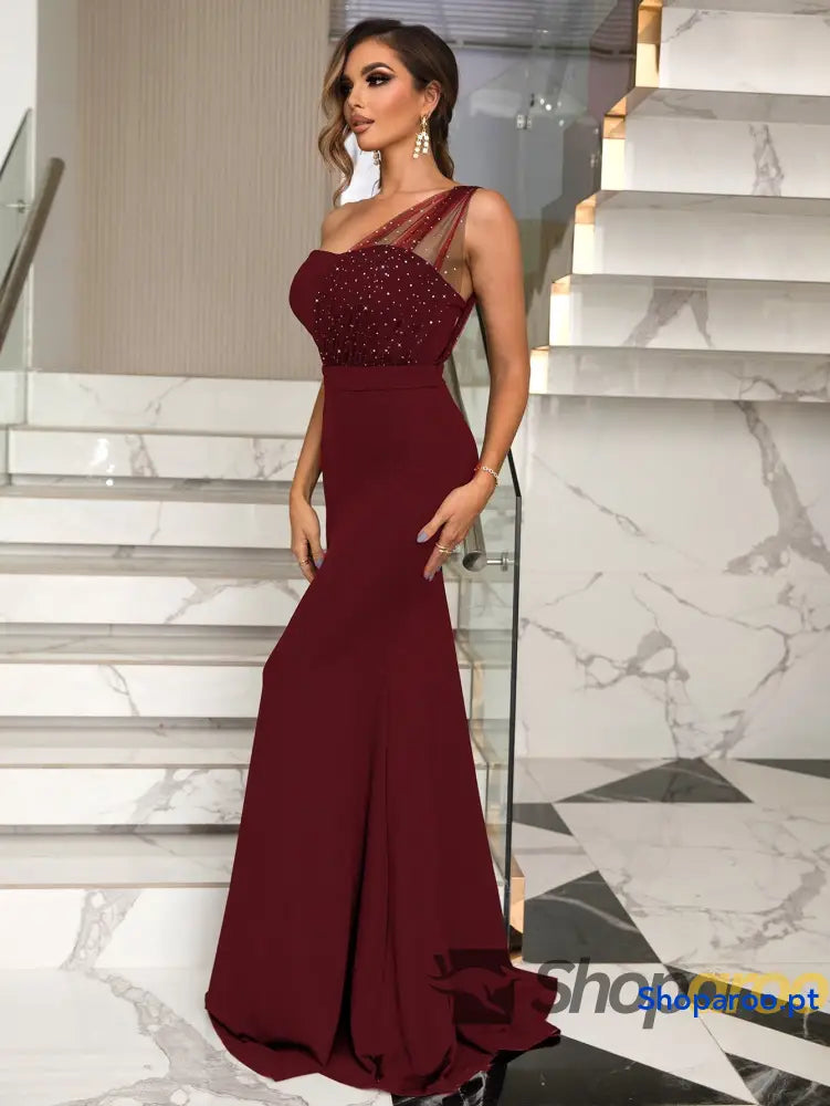 Rhinestone One-Shoulder Formal Dress