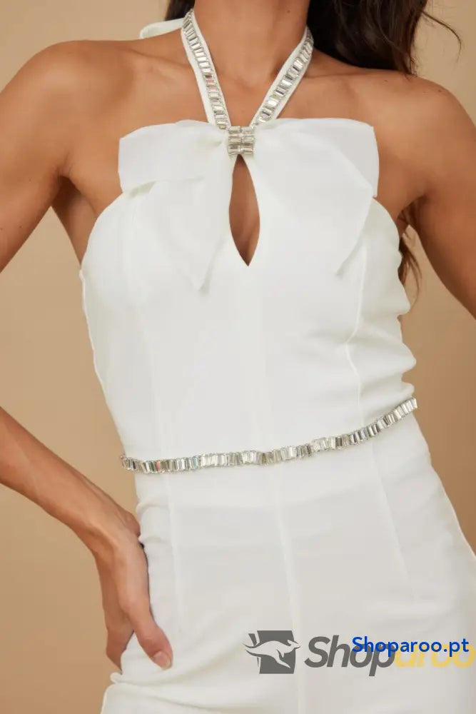 Rhinestone Ribbon Haltered Neck Jumpsuit