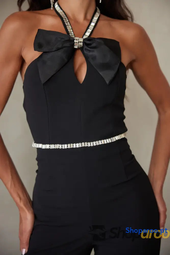 Rhinestone Ribbon Haltered Neck Jumpsuit