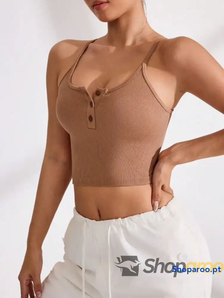 Ribbed Half Button Cropped Active Cami