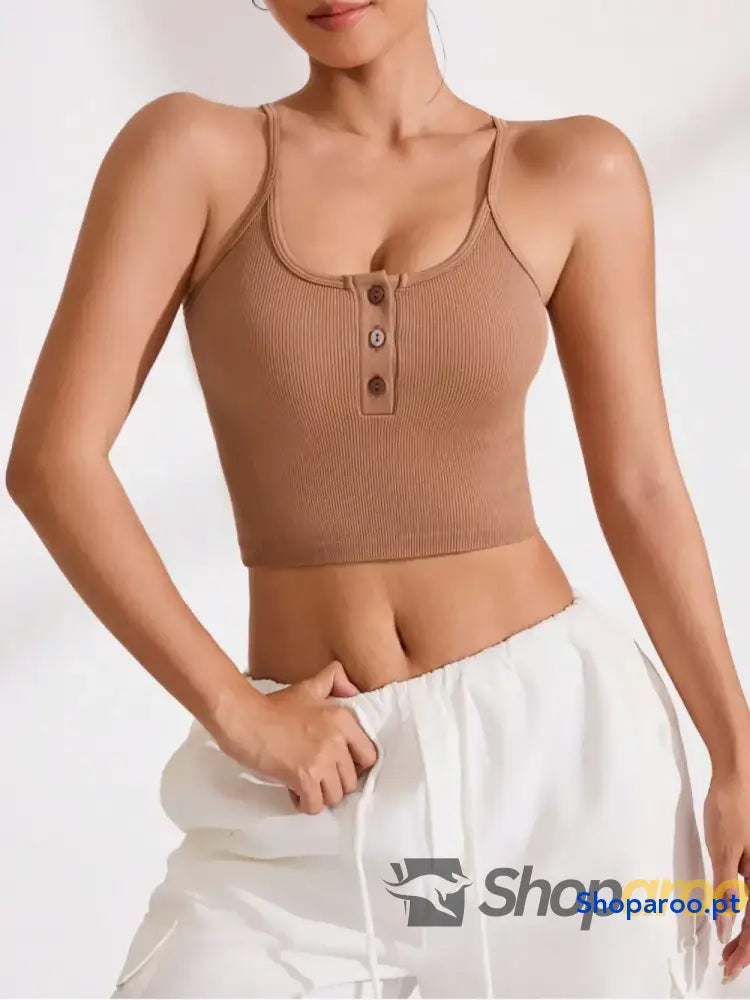 Ribbed Half Button Cropped Active Cami