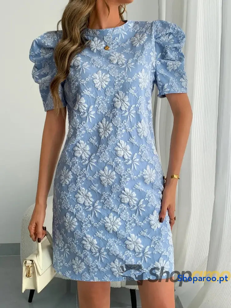 Round Neck Puff Short Sleeve Mini Dress
