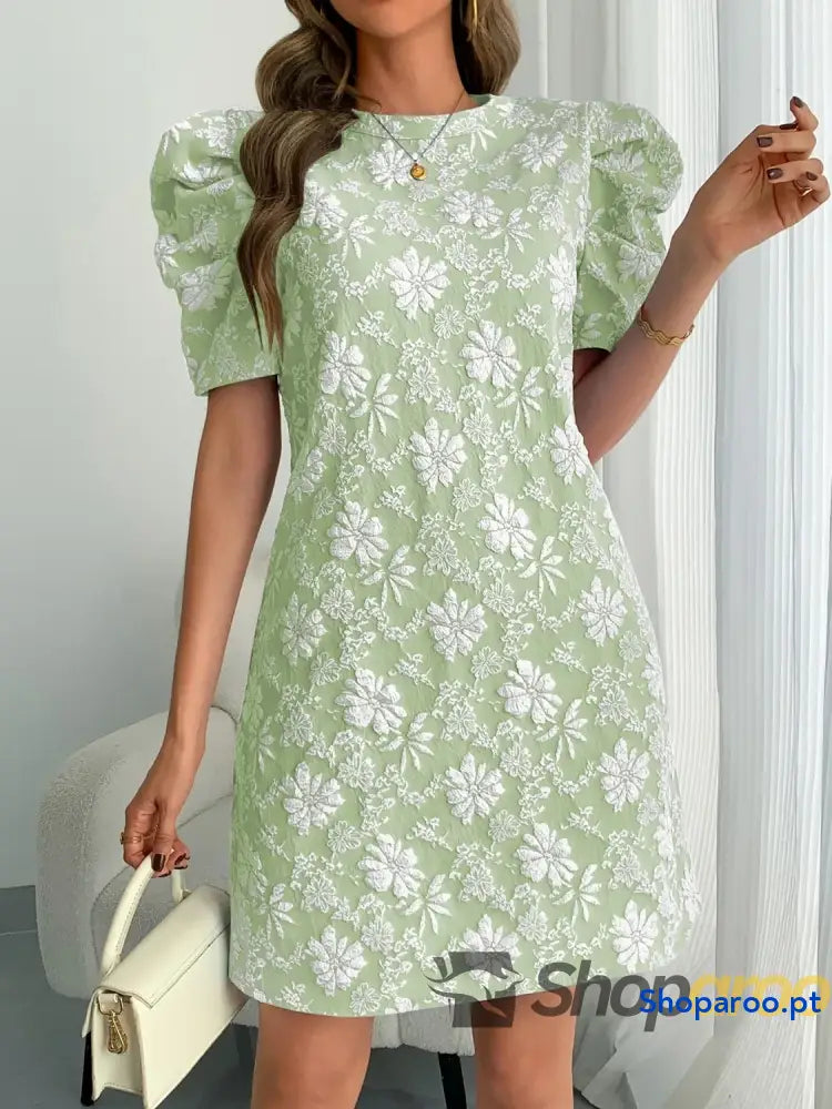 Round Neck Puff Short Sleeve Mini Dress