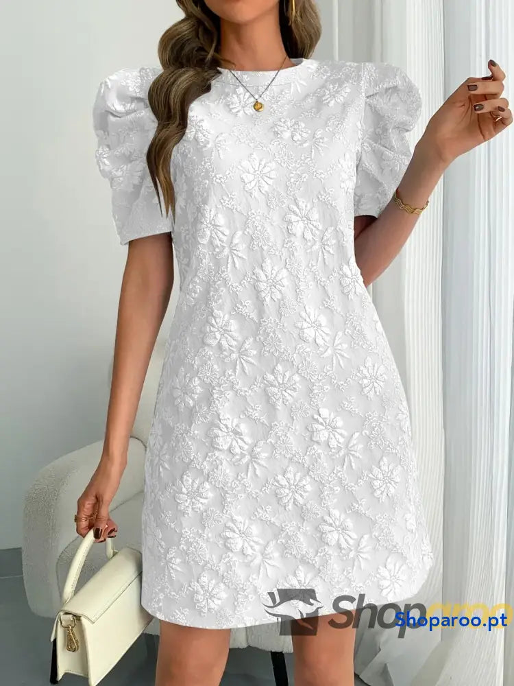Round Neck Puff Short Sleeve Mini Dress