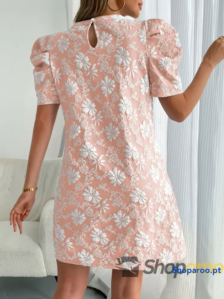 Round Neck Puff Short Sleeve Mini Dress