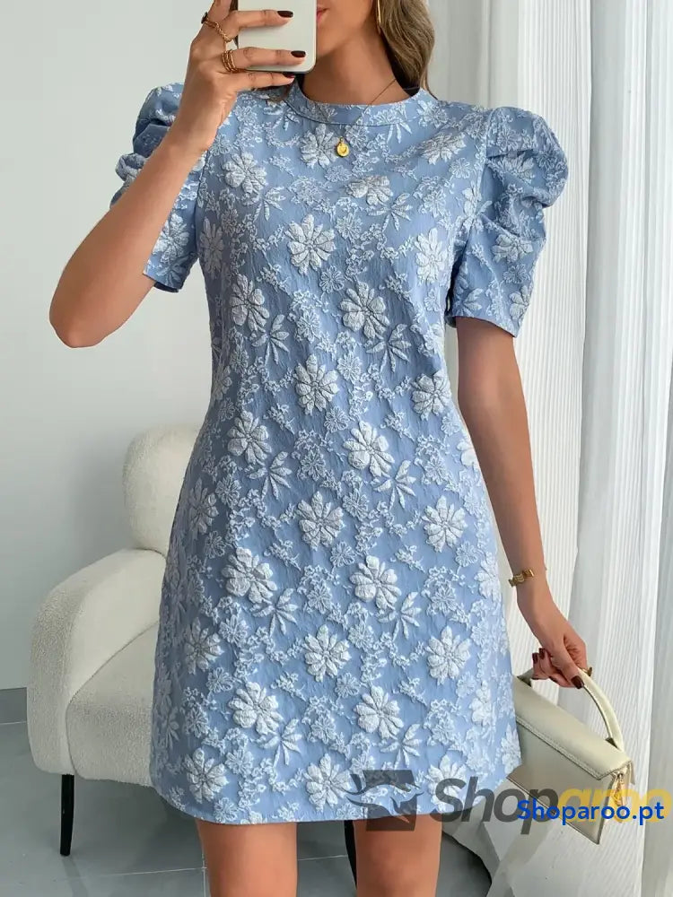 Round Neck Puff Short Sleeve Mini Dress