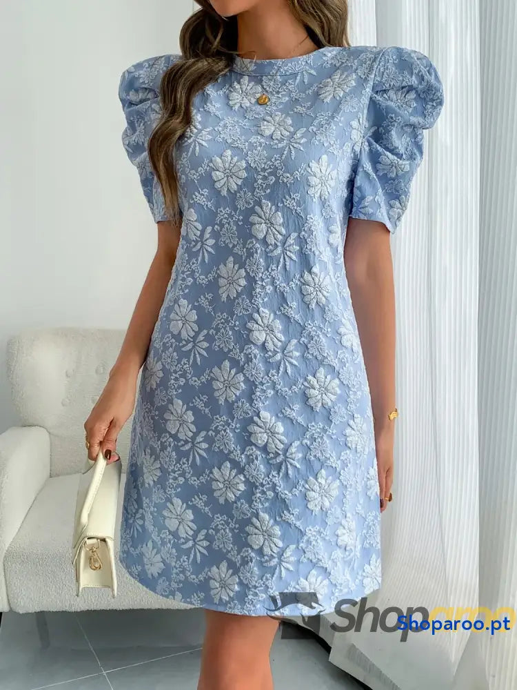 Round Neck Puff Short Sleeve Mini Dress