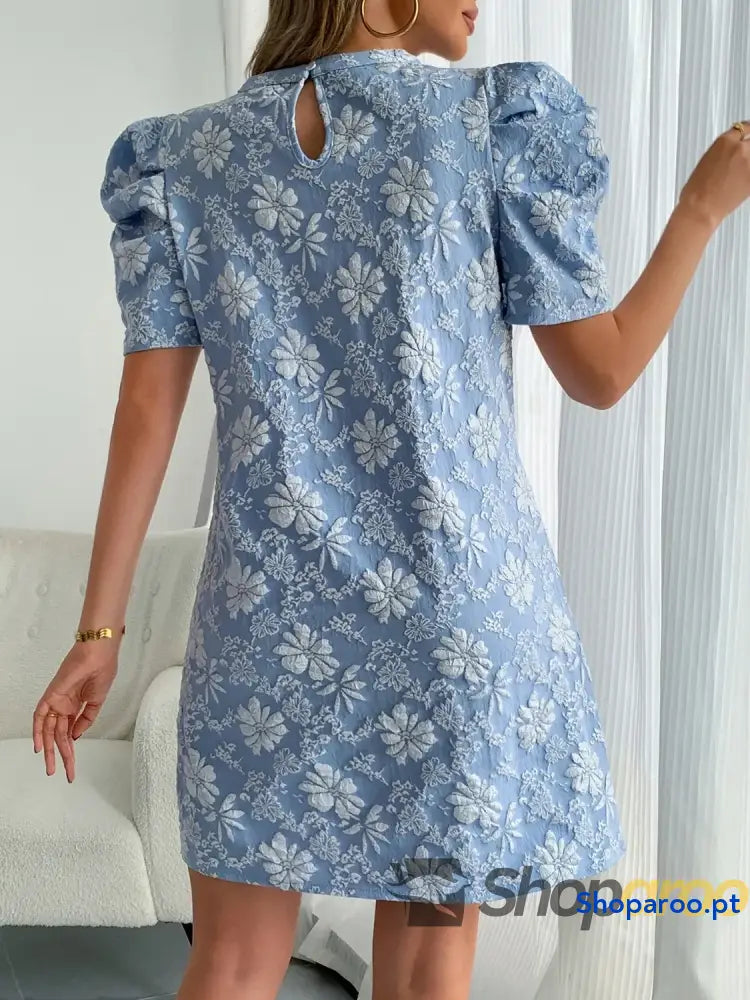 Round Neck Puff Short Sleeve Mini Dress