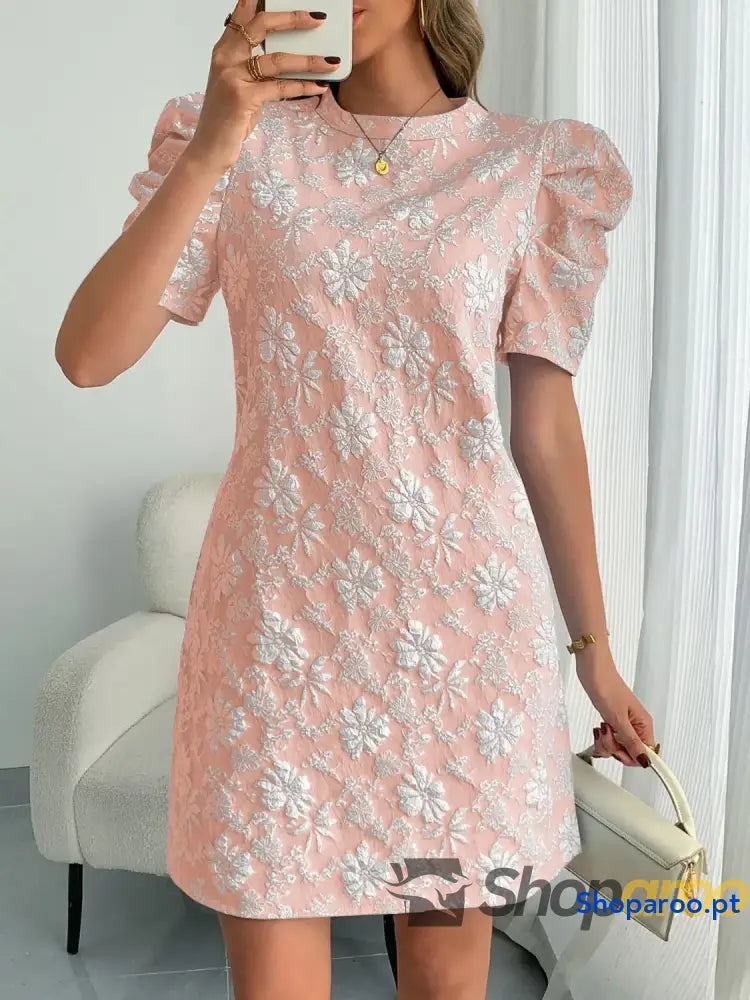 Round Neck Puff Short Sleeve Mini Dress