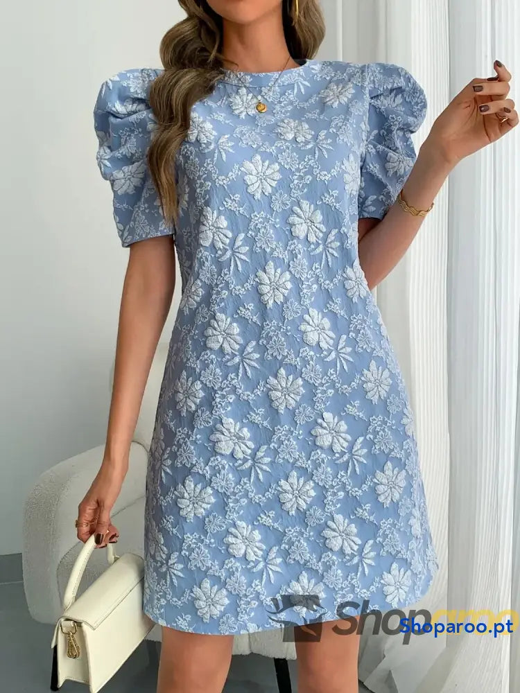 Round Neck Puff Short Sleeve Mini Dress