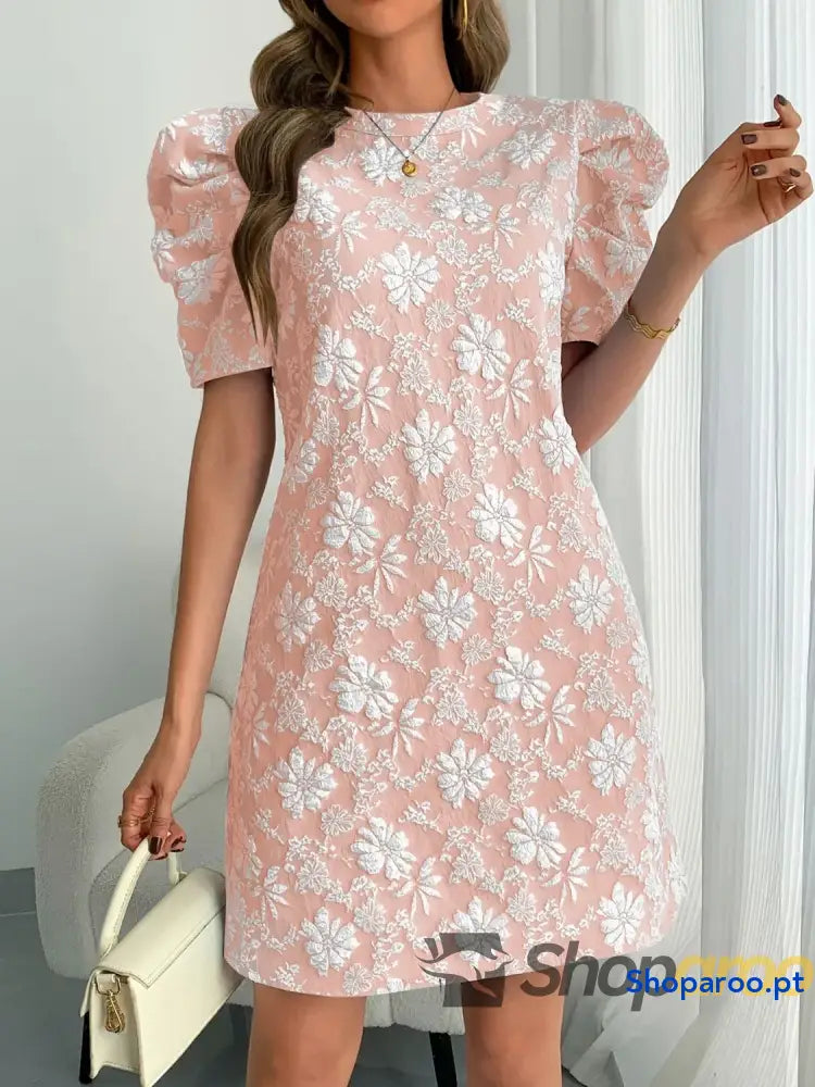 Round Neck Puff Short Sleeve Mini Dress