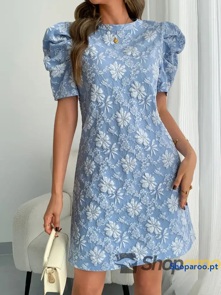 Round Neck Puff Short Sleeve Mini Dress