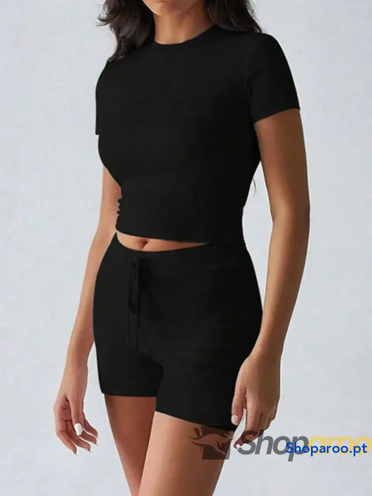 Round Neck Short Sleeve Top and Shorts Set