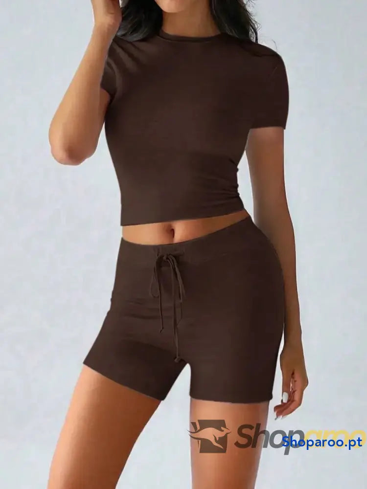 Round Neck Short Sleeve Top and Shorts Set