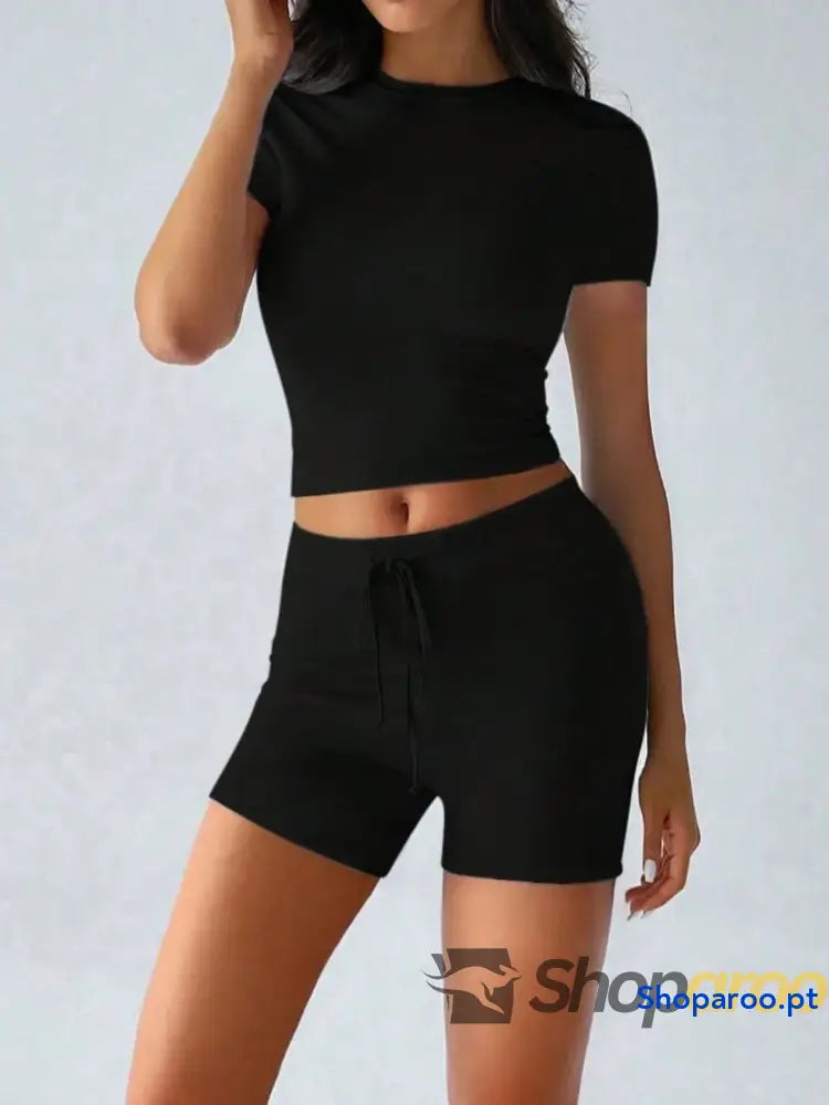 Round Neck Short Sleeve Top and Shorts Set