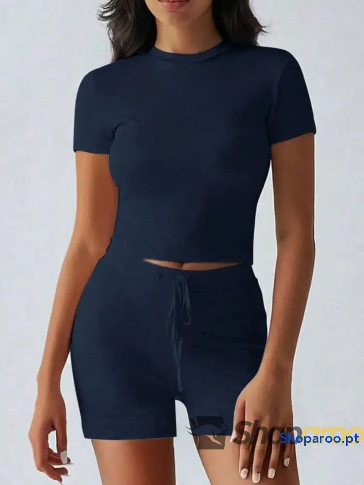 Round Neck Short Sleeve Top and Shorts Set