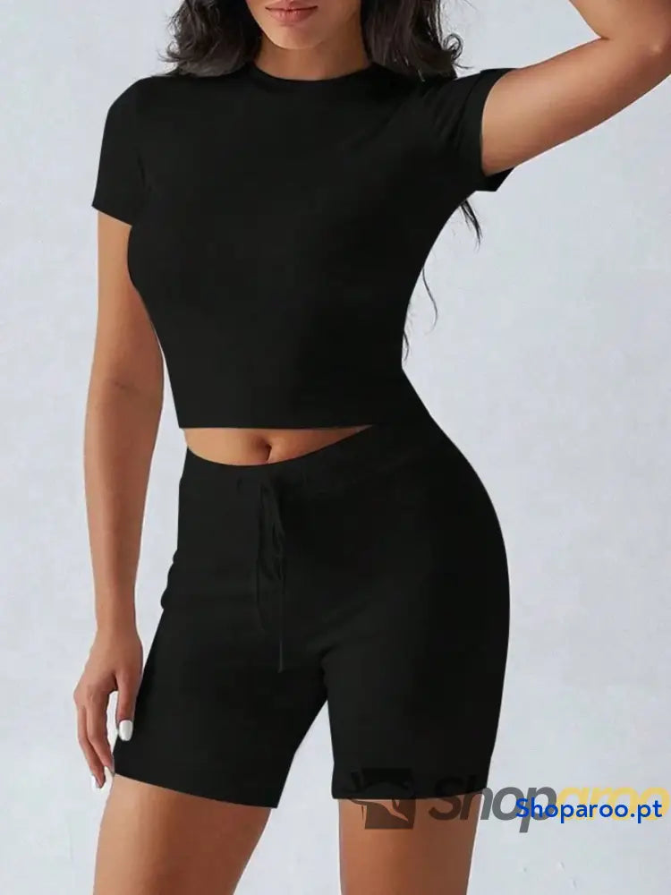 Round Neck Short Sleeve Top and Shorts Set