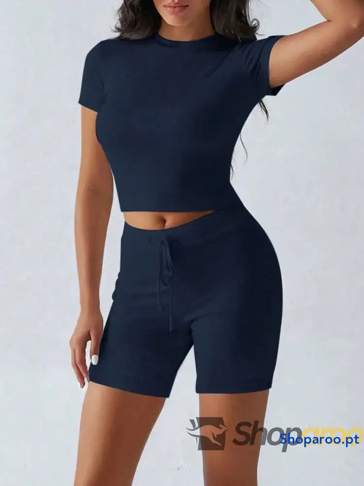 Round Neck Short Sleeve Top and Shorts Set