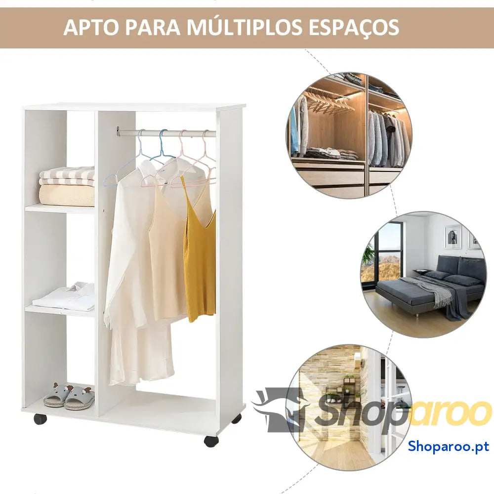Roupeiro de Madeira Aberto com Prateleiras e Barra para Pendurar Branco
