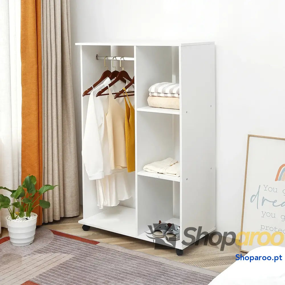 Roupeiro de Madeira Aberto com Prateleiras e Barra para Pendurar Branco