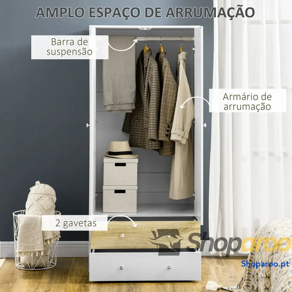 Roupeiro de Madeira Armário para Roupas com 2 Portas Gavetas e 1 Barra Pendurar 80x50x180 cm Branco Carvalho