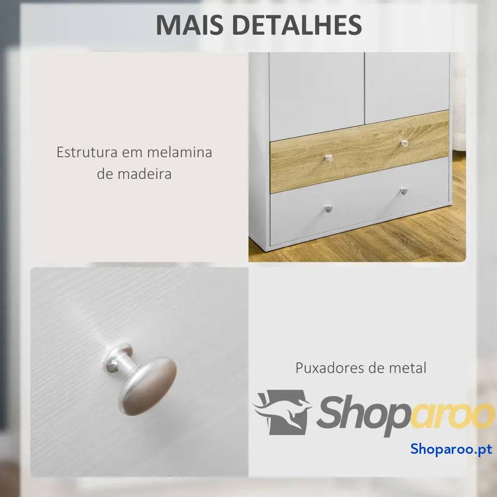 Roupeiro de Madeira Armário para Roupas com 2 Portas Gavetas e 1 Barra Pendurar 80x50x180 cm Branco Carvalho