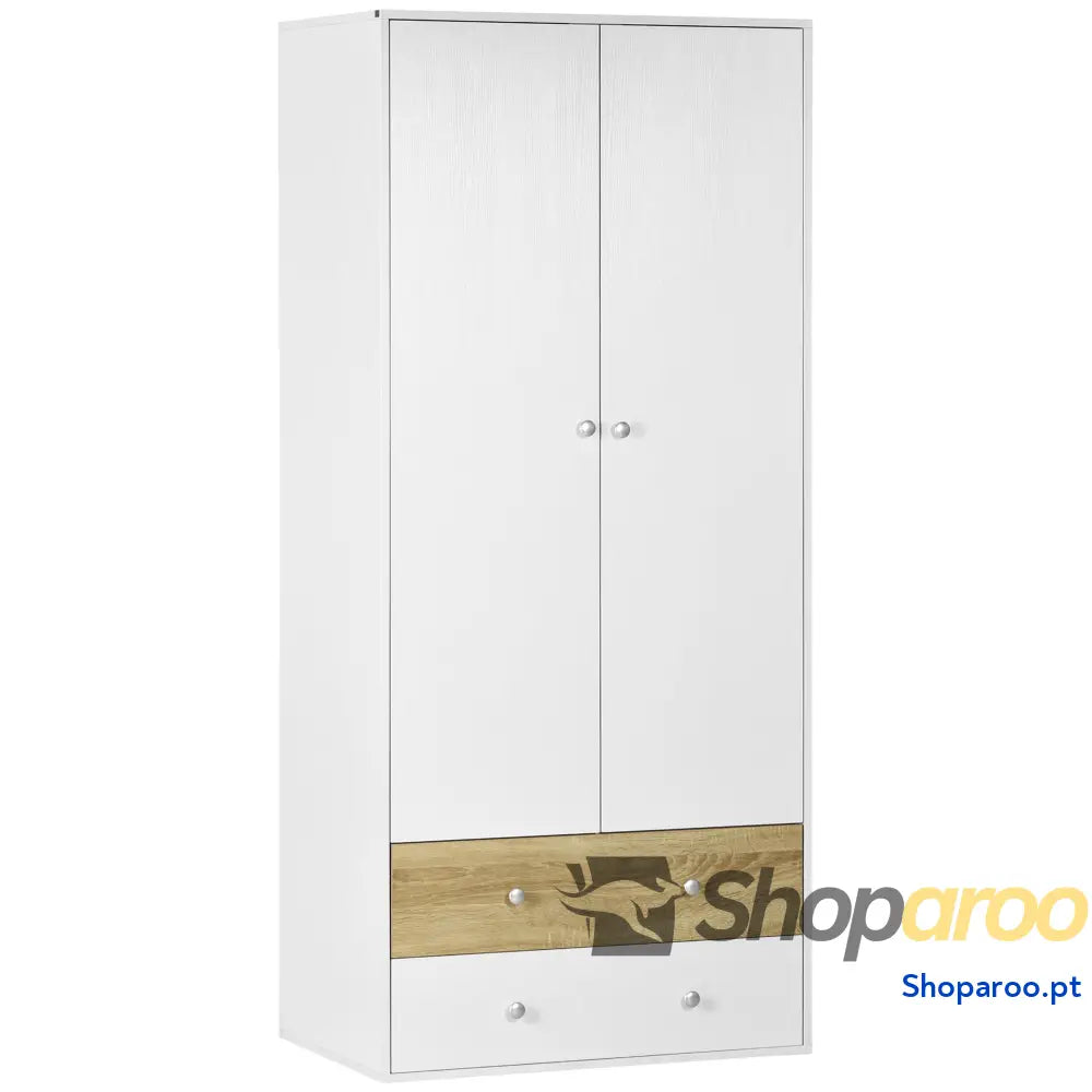 Roupeiro de Madeira Armário para Roupas com 2 Portas Gavetas e 1 Barra Pendurar 80x50x180 cm Branco Carvalho