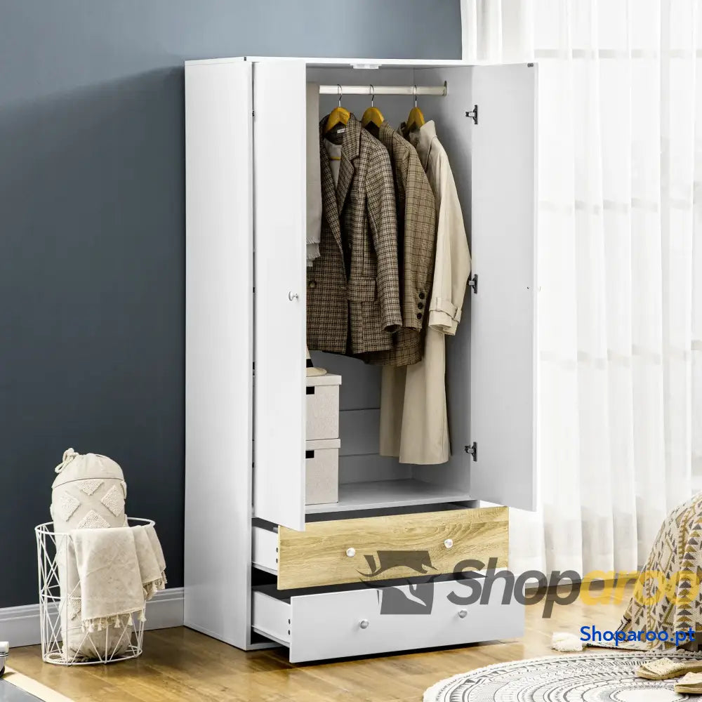 Roupeiro de Madeira Armário para Roupas com 2 Portas Gavetas e 1 Barra Pendurar 80x50x180 cm Branco Carvalho