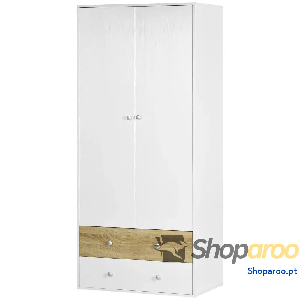 Roupeiro de Madeira Armário para Roupas com 2 Portas Gavetas e 1 Barra Pendurar 80x50x180 cm Branco Carvalho
