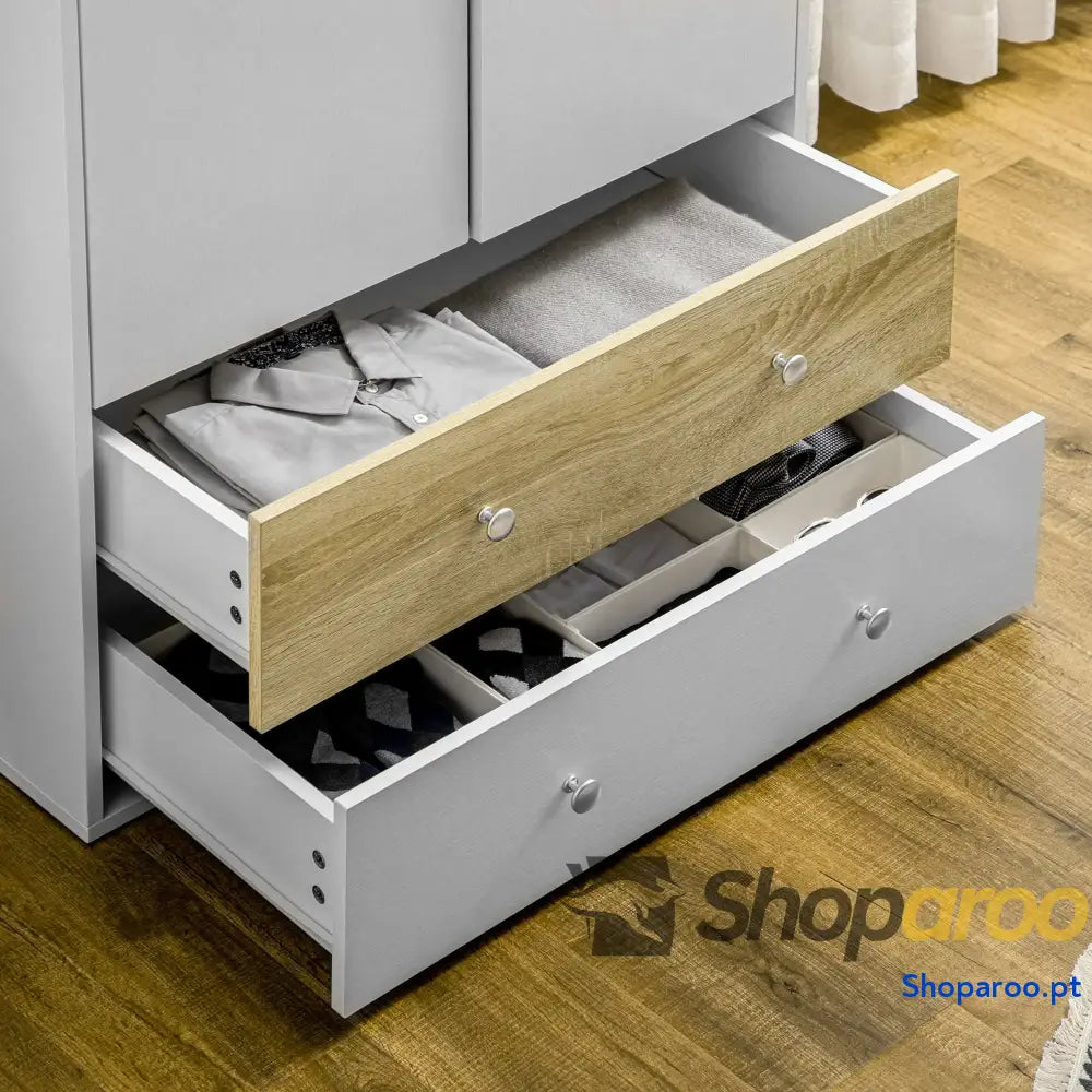 Roupeiro de Madeira Armário para Roupas com 2 Portas Gavetas e 1 Barra Pendurar 80x50x180 cm Branco Carvalho