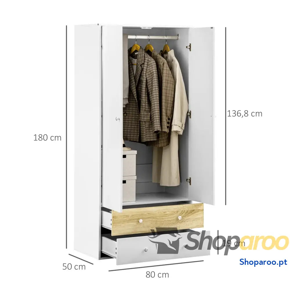 Roupeiro de Madeira Armário para Roupas com 2 Portas Gavetas e 1 Barra Pendurar 80x50x180 cm Branco Carvalho