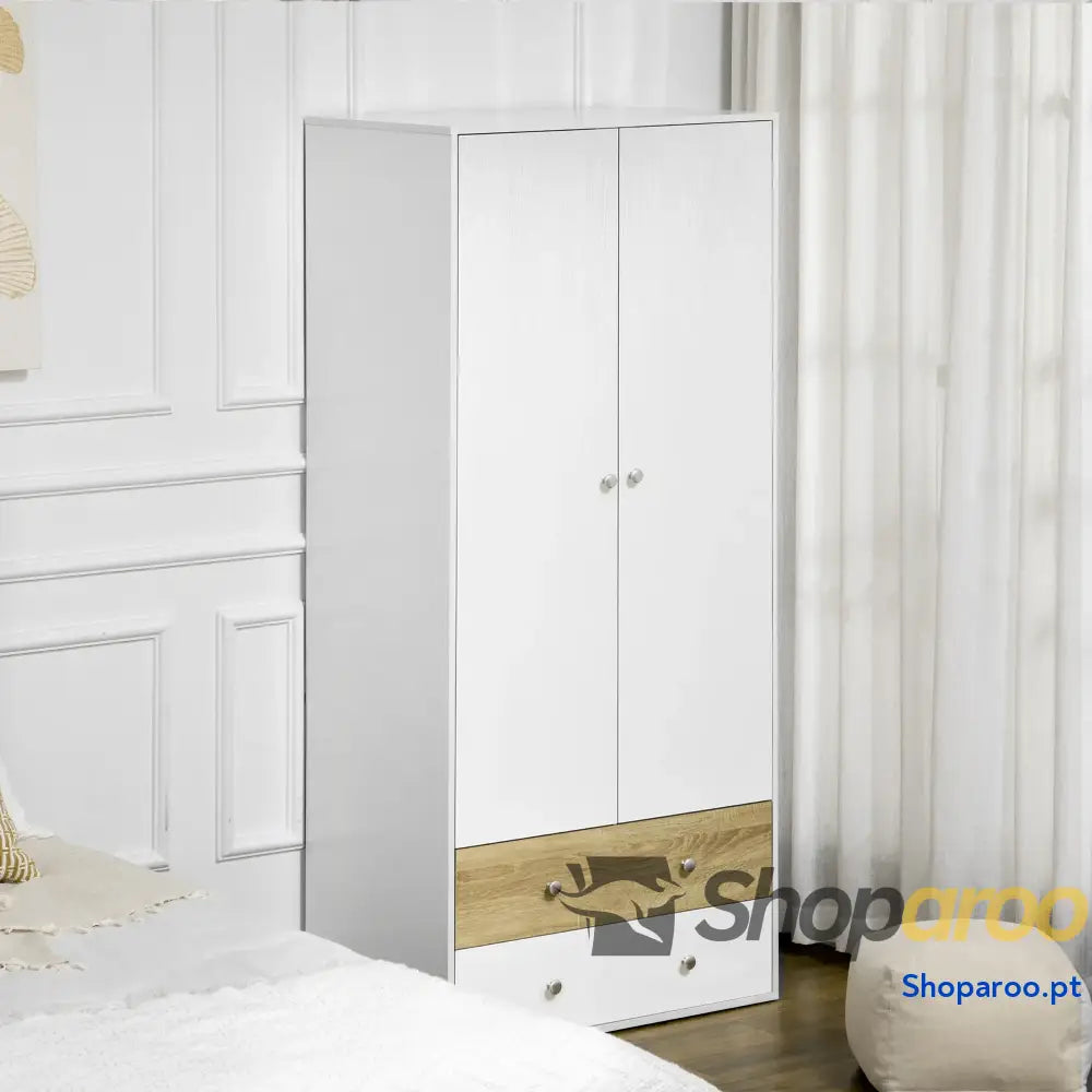 Roupeiro de Madeira Armário para Roupas com 2 Portas Gavetas e 1 Barra Pendurar 80x50x180 cm Branco Carvalho